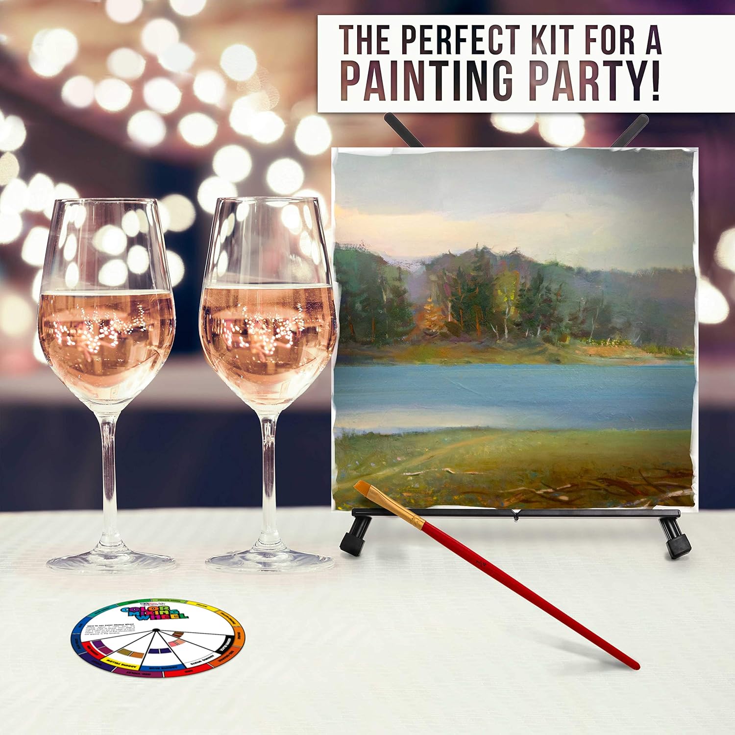 U.S. Art Supply Sip and Paint Art Party Painting Kit with 6 Easels, 12 Paints, 12 Canvases, 6 Brushes & 6 Aprons J5998