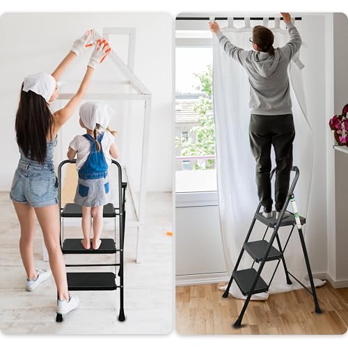 3 Step Ladder, Portable Steel Folding Stool with Anti-Slip Pedal, Black T5115