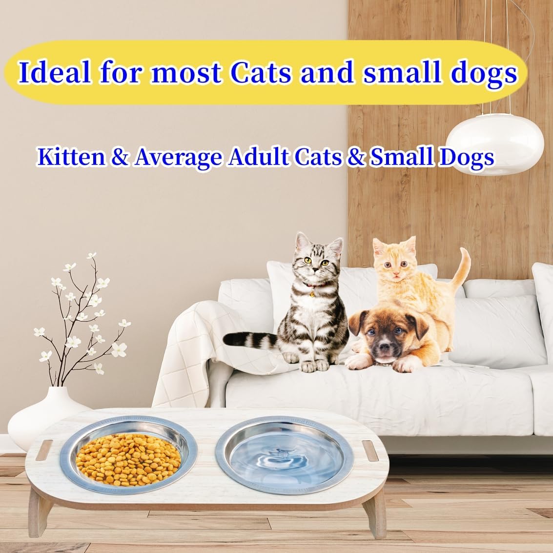 Elevated Cat Bowls with Wood Stand, 15° Tilted Stainless Steel Pet Feeder E85787