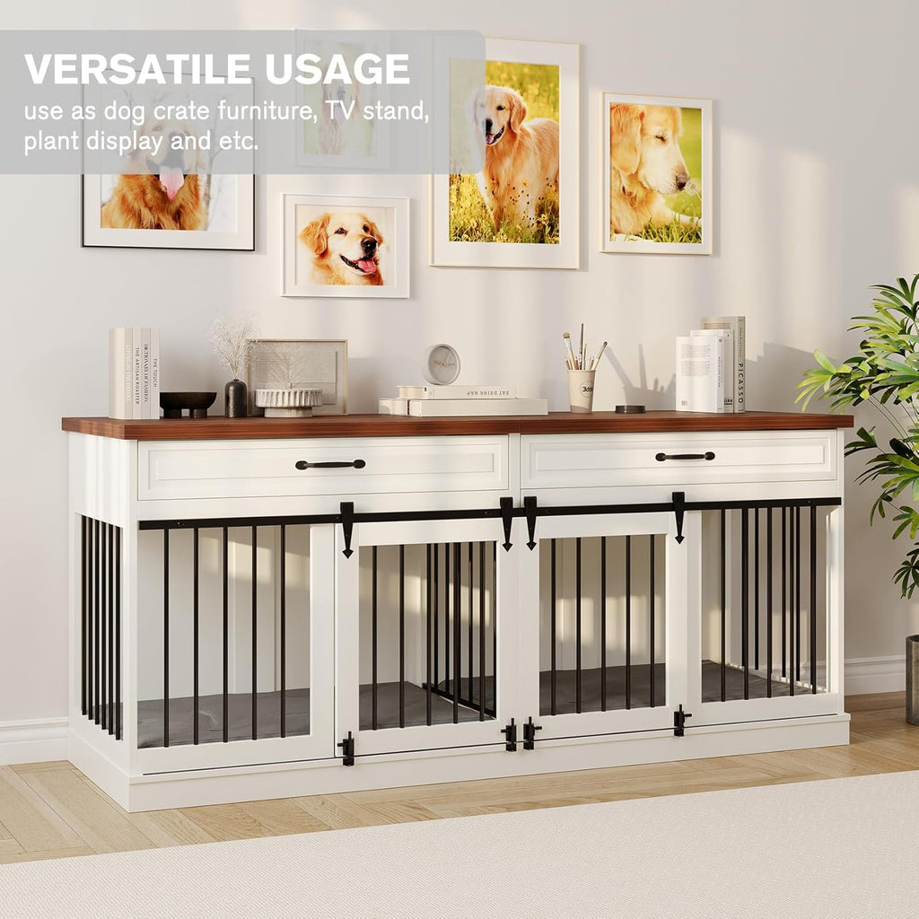 Farmhouse Wooden Dog Crate Furniture with Sliding Barn Doors, White M2281