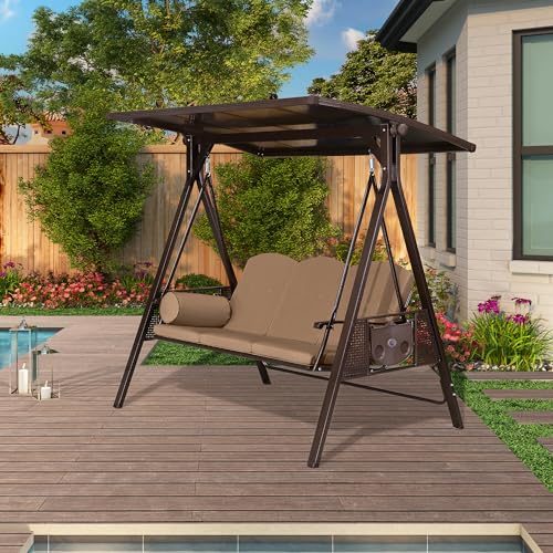 PURPLE LEAF Outdoor Patio Porch Swing with Adjustable Canopy, 3-Seat Bench, Grey W393