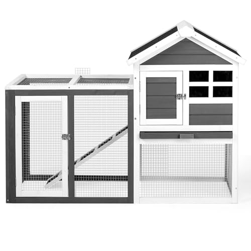 Rabbit Hutch, 48" Wood Chicken Coop with Run, Small Pet Pen w/Interactive Door, Pull-out Tray, Waterproof Asphalt Roof, Guinea Pig Cage for Outdoor