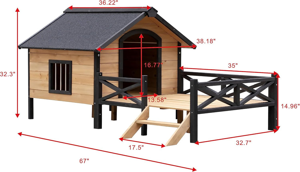 Rustic Wooden Dog Kennel with Porch, Outdoor Cabin Style, Kiln-Dried Fir Wood E59517