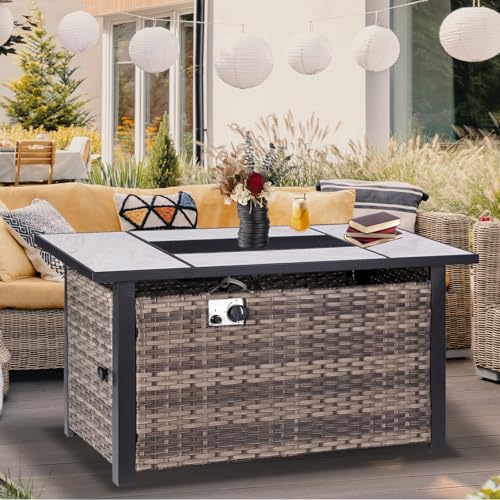 30" Propane Fire Pit Table with Ceramic Top, 50000 BTU, Outdoor Gas Firepit with Lid & Glass Rock Y964