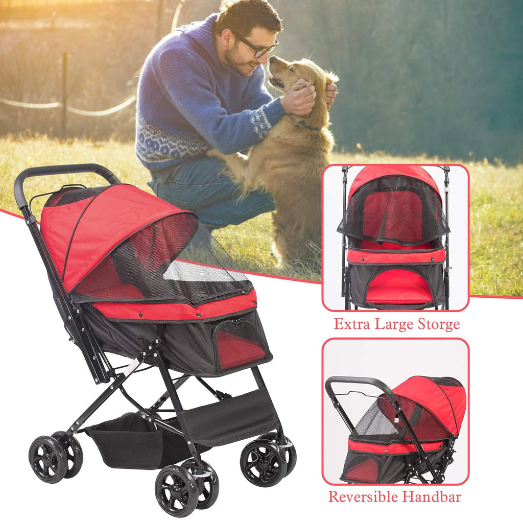Folding Dog Stroller Travel Cage for Pets - Large 4 Wheels Elite Jogger - Red S57190