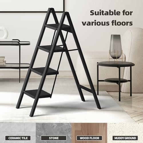 4 Step Ladder, Anti-Slip Wide Pedal, 330lbs Capacity Steel Folding Ladder (Black) S8007