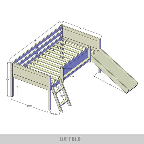 Antique Gray Wood Twin Loft Bed with Slide and Ladder for Kids A324