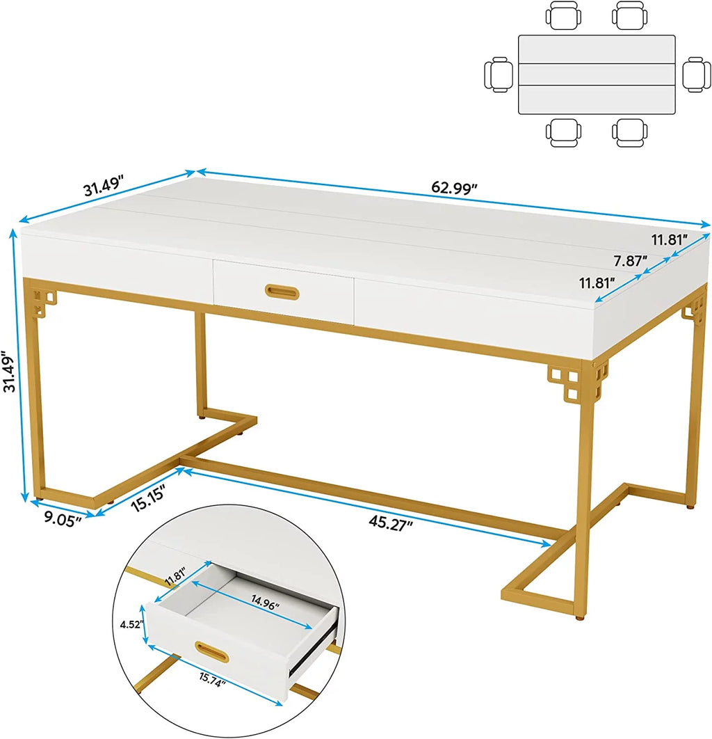 RUNFAYBIU 63 Inch Rectangular Dining Table with 2 Drawers, White & Gold I877577