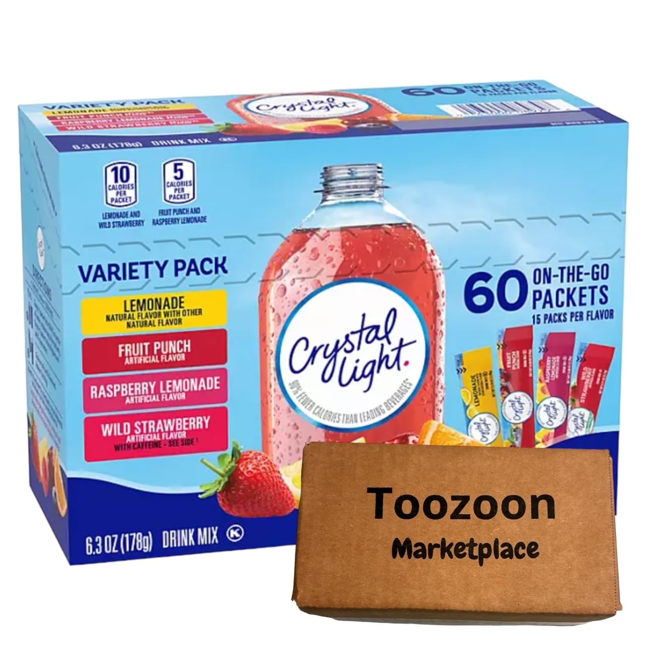 Crystal Light Sugar-Free, Lemonade, Fruit Punch, Raspberry Lemonade and Wild Strawberry On-The-Go Powdered Drink Singles Mix Variety Pack, 60 Count, Each Packet Dissolves into any 16.9 oz. packed by Toozoon