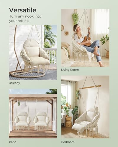 SONGMICS Hanging Chair with Large Thick Cushion, Boho Swing Chair, Cream White C225966
