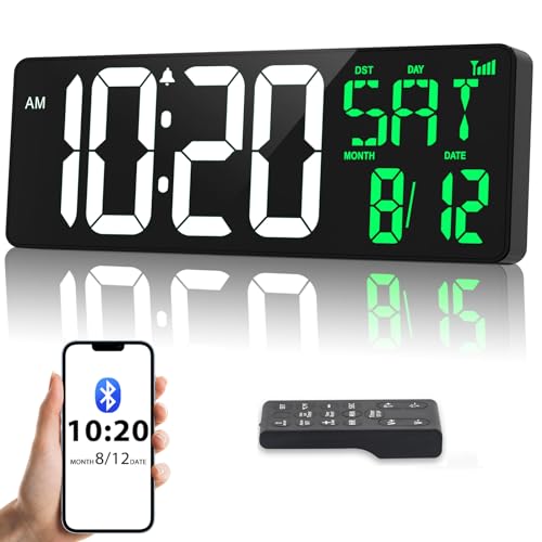17 Inch Digital Wall Clock Large Display Bluetooth Sync Time, Auto-Dimming Large Digital Wall Clock with Remote, Date/Week/Temperature/DST, Plug-in Large Digital Clock for All Large Spaces Use