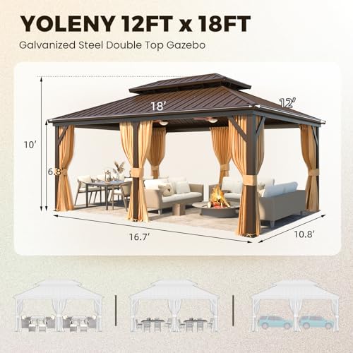 YOLENY 10' x 12' Hardtop Gazebo with Galvanized Steel Double Roof, Netting and Curtains Y84317
