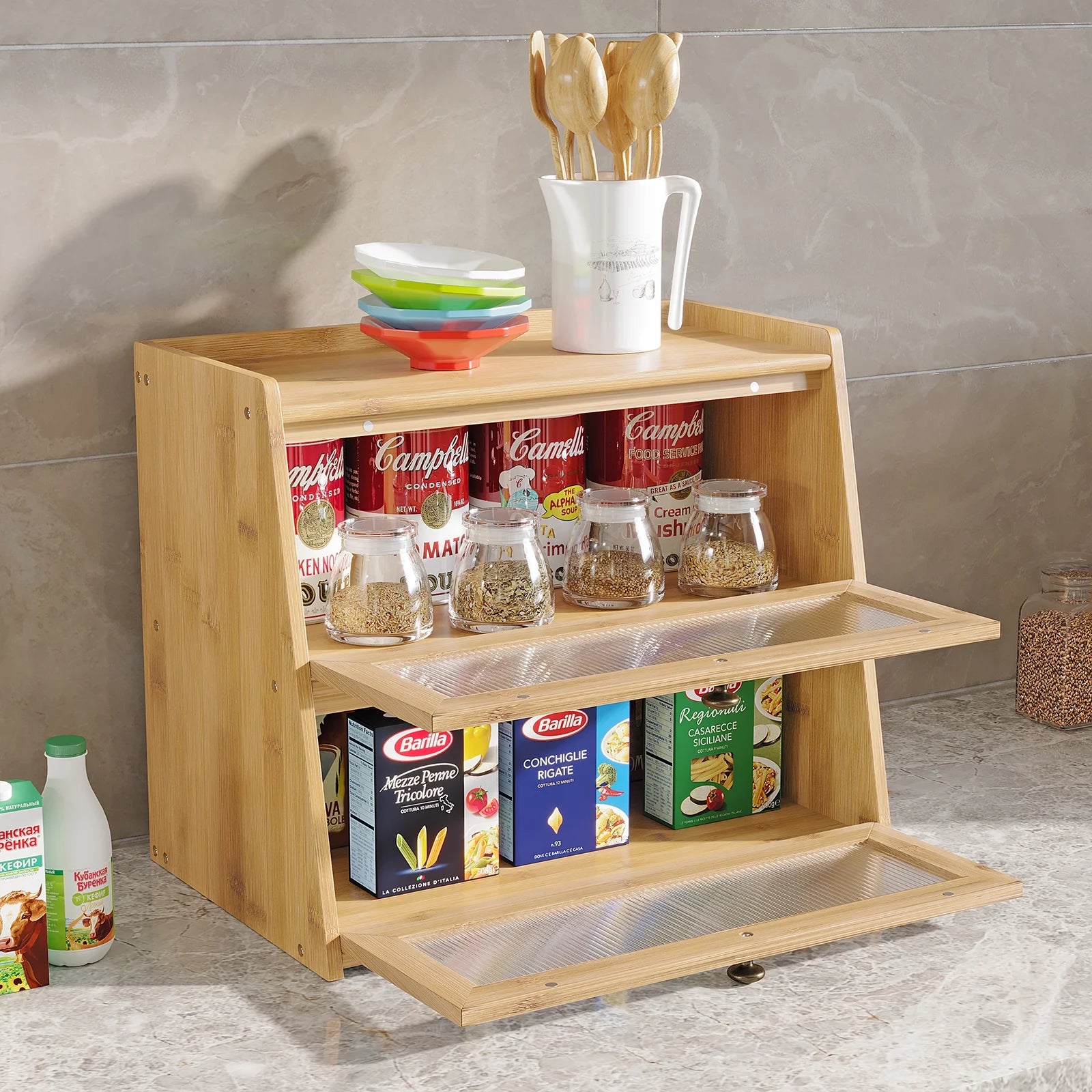 BALANBO Double Layer Bamboo Bread Box for Kitchen Counter S561773