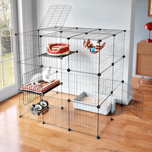 Oneluck 3-Tier Cat Cage Indoor Enclosure DIY Cat Playpen Catio Detachable Metal Wire Kennel D404