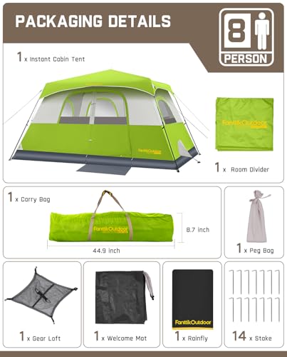 Fanttik Outdoor Camping Tent 4/6/8/10 Person Instant Cabin with Rainfly & Carry Bag G367