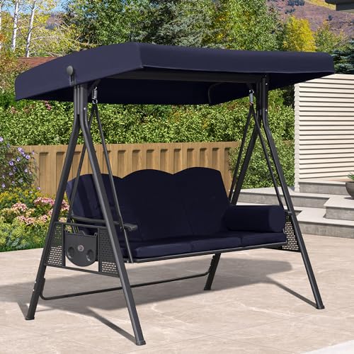 PURPLE LEAF Outdoor Patio Porch Swing with Adjustable Canopy, 3-Seat Bench, Grey W393