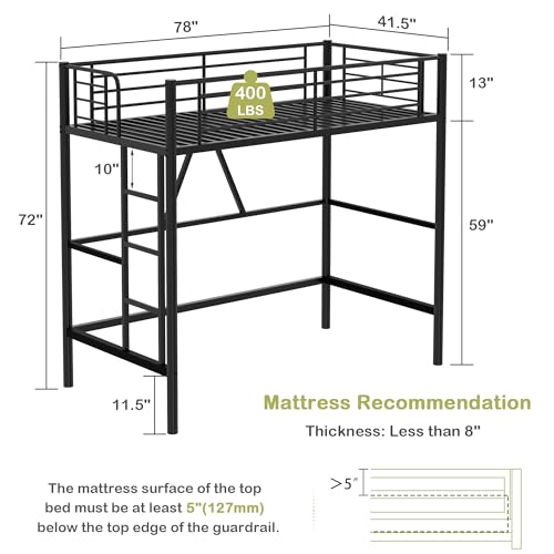 VECELO Loft Bed Twin Size Metal Frame with Ladder and Guardrail, Pink B728246
