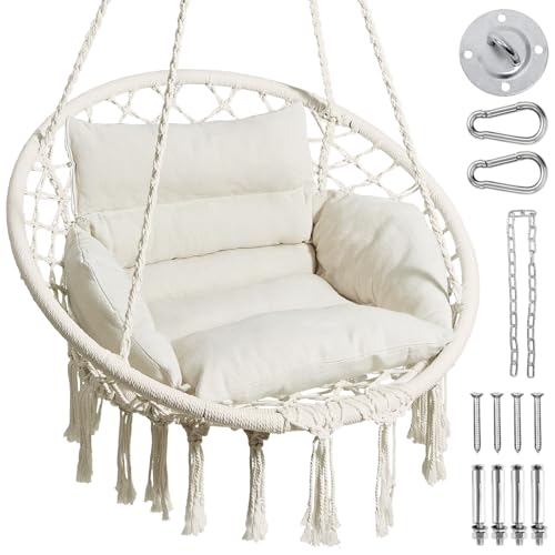 Greenstell Hammock Chair, Macrame Swing Chair with Cushion, Indoor & Outdoor, Beige G7957