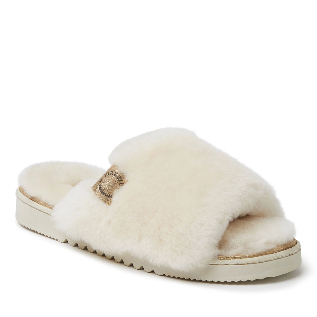 Fireside by Dearfoams Women's Cairns Genuine Shearling Slide Slipper with Metallic Trim