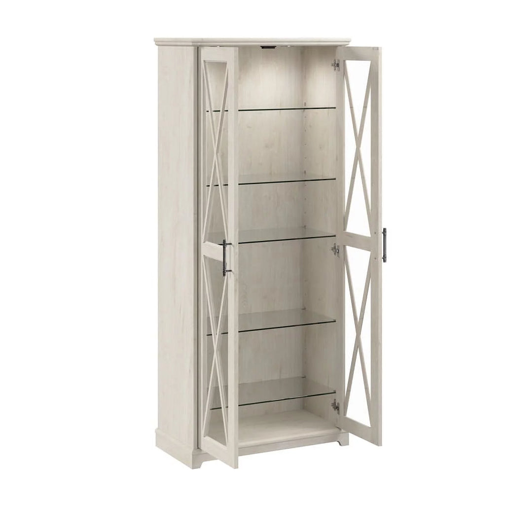 Bowery Hill Engineered Wood Curio Cabinet with Glass Doors in Linen White Oak N911429