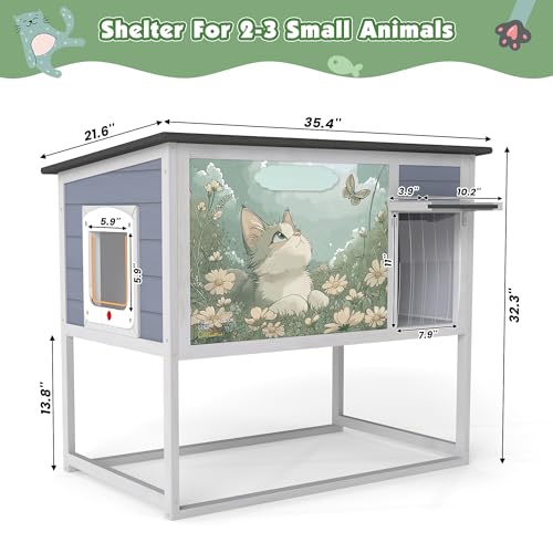 Raised Outdoor Cat House Weatherproof Insulated Shelter with Openable Top E5308