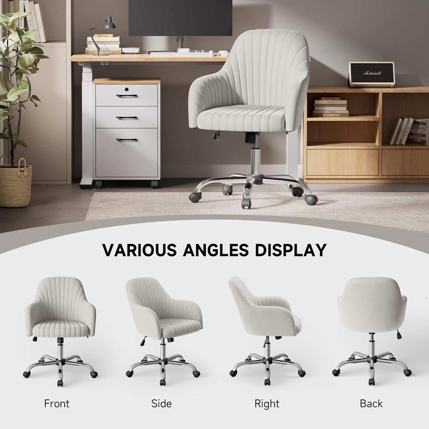 Warmiehomy Upholstered Velvet Office Chair with Armrests, Beige Q129488
