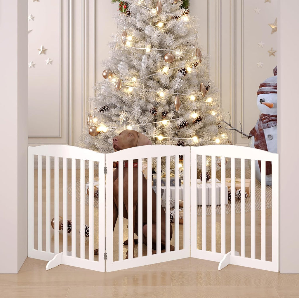 BHG No-Assembly Freestanding Dog Gate, Extended Wide 72" Tall 30" Wooden Pet Gate, Accordion Folding Playpen Fence, 2PCS Support Feet Included, for The House - White