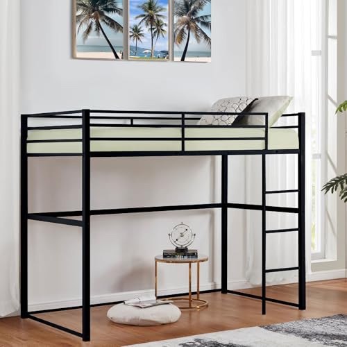 Metal Loft Bed Frame Twin Size with Safety Guard Rails & Built-in Ladder, Black C7852