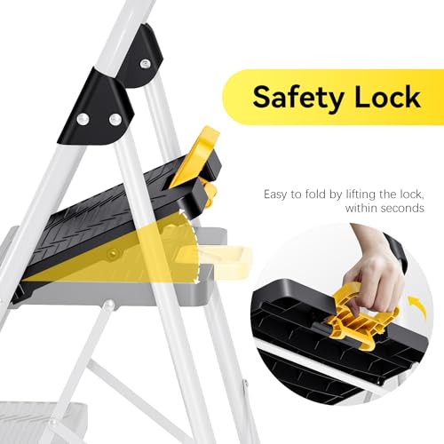 KINGRACK 3 Step Folding Ladder, 800lbs Capacity, Non-Skid Wide Pedals, White W71585