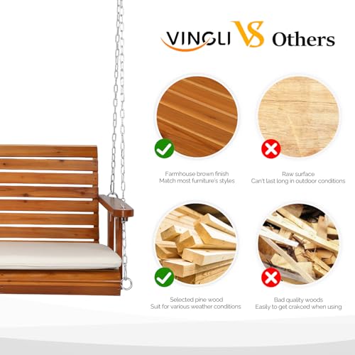 VINGLI Heavy Duty 880 LBS Patio Wooden Porch Swing with Extra Cushion, 5 FT Y211