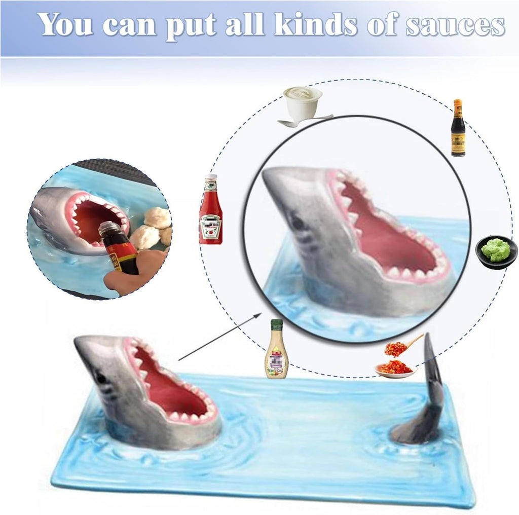 Hand-painted Ceramic Shark Sushi Plate with Sauce Compartment R26757