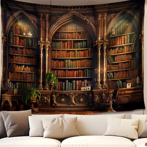 QGHOT Medieval Bookshelf Tapestry Vintage Library Wall Hanging P36533