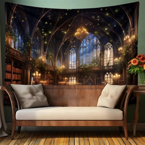 QGHOT Medieval Bookshelf Tapestry Vintage Library Wall Hanging P36533