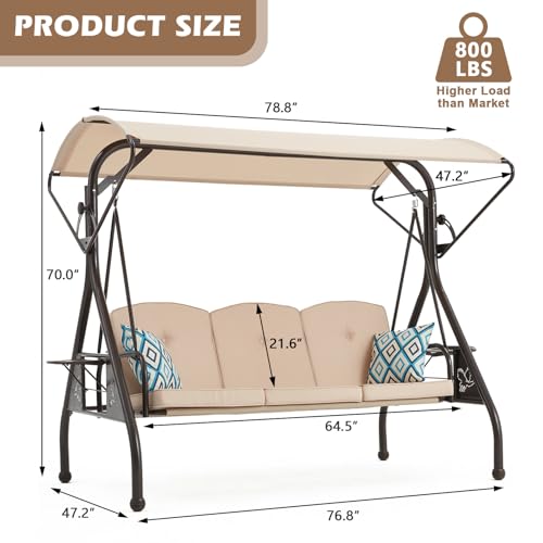 800LBS Patio Swing with Canopy 3 Seat Outdoor Porch Swing with Stand, Cup Holder & Pillow (Green) O887