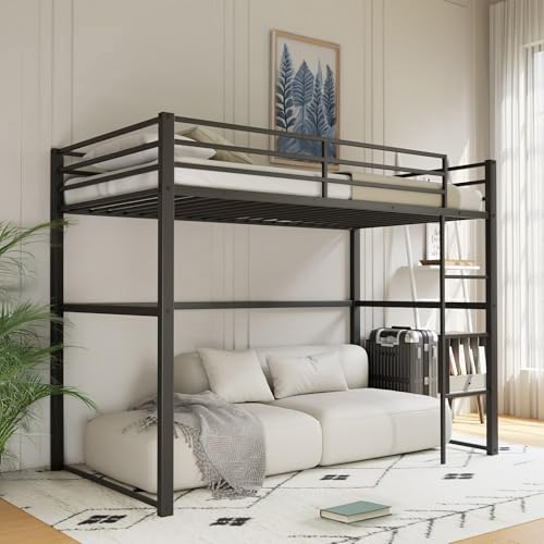 Metal Loft Bed Frame Twin Size with Safety Guard Rails & Built-in Ladder, Black C7852