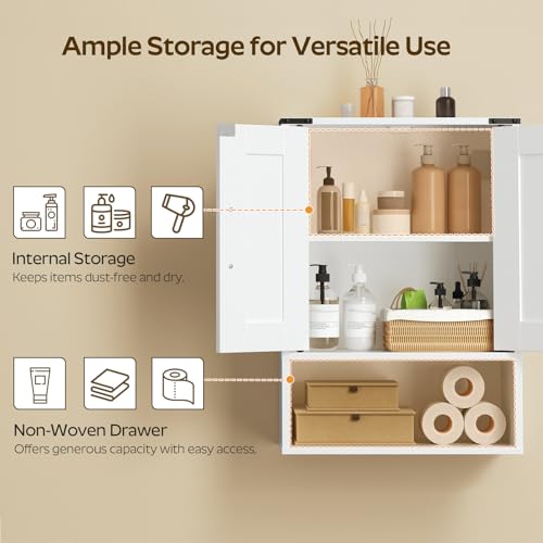 Bathroom Wall Cabinet with Fabric Drawer, Double-Door, White E479