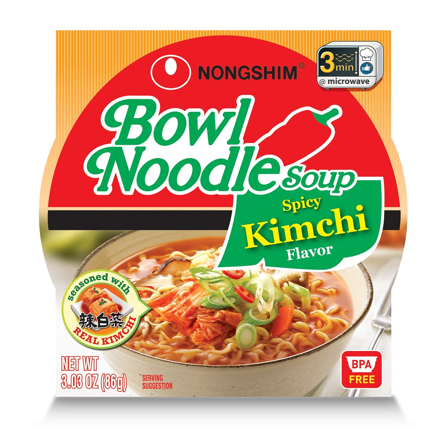 Nongshim Spicy Kimchi Bowl Instant Noodle Soup, 3 Pack B80682