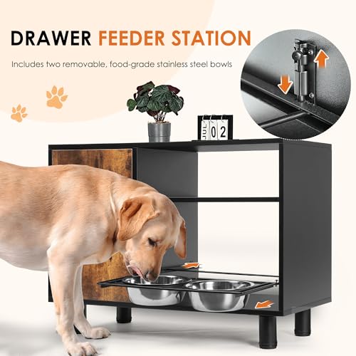 Large Pet Feeder Station with Stainless Steel Double Pull Out Dog Bowls W374