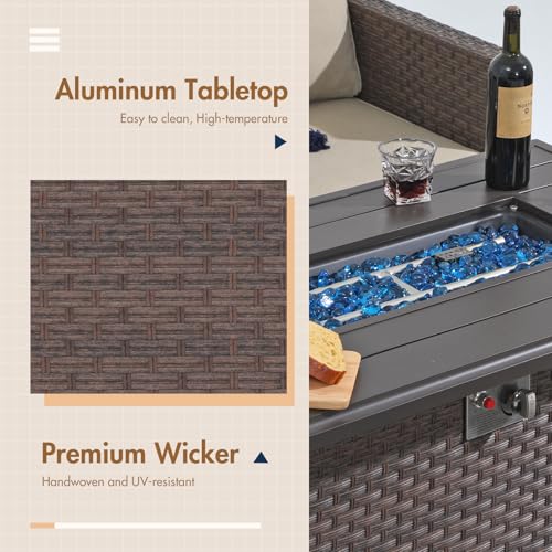 SUNSITT Outdoor Fire Pit Table 43 Inch Wicker Propane with Aluminum Tabletop, Taupe F2263