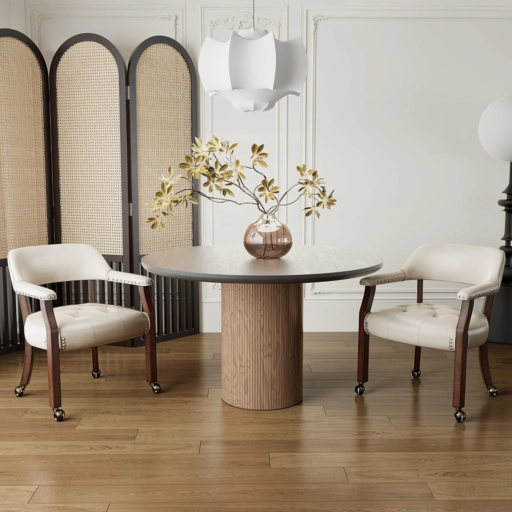 Solid Wood Dining Chairs with Casters and Arms, Cherry Legs & Ivory PU, SY-1533-WT I6969