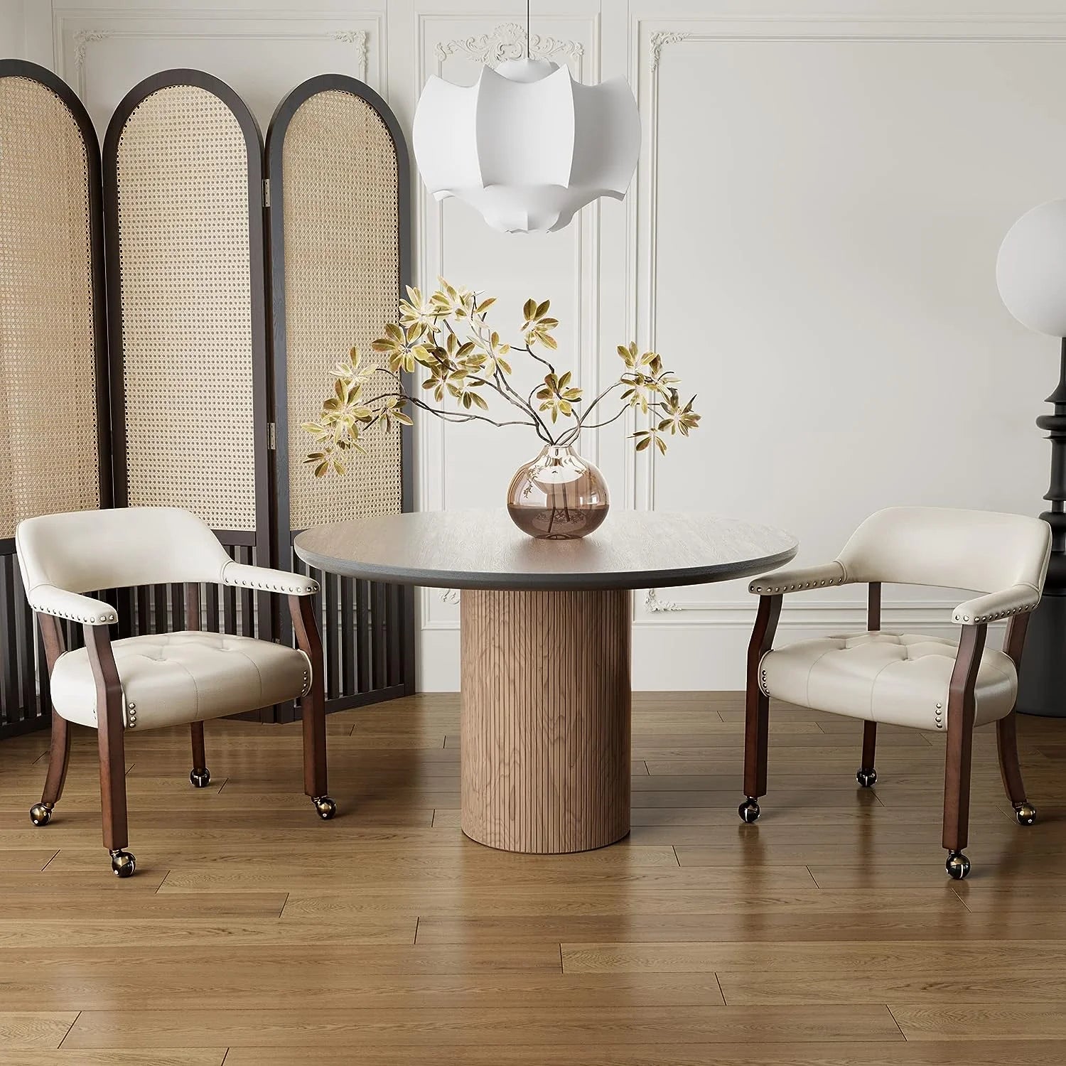 Solid Wood Dining Chairs with Casters and Arms, Cherry Legs & Ivory PU, SY-1533-WT I6969