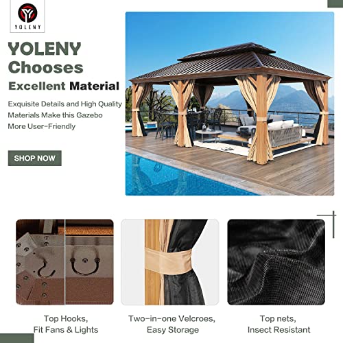 YOLENY 10' x 12' Hardtop Gazebo with Galvanized Steel Double Roof, Netting and Curtains Y84317