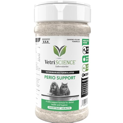 VetriScience Perio Support Cat & Dog Teeth Cleaning Dental Powder, 4.2oz - Cat & Dog Breath Freshener - Clinically Proven Plaque and Tartar Support