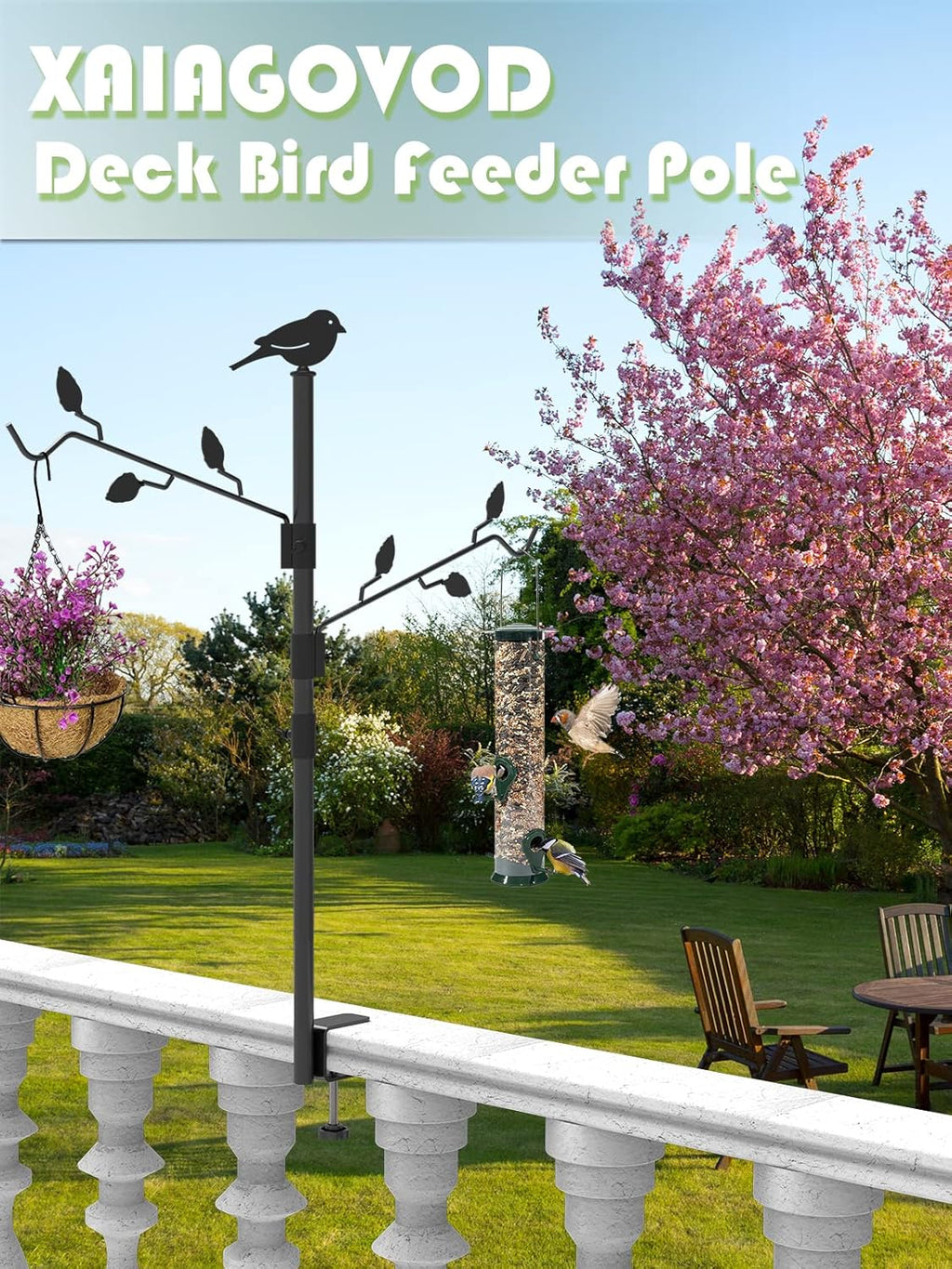 Deck Bird Feeder Pole with 2 Adjustable Branches for Porch Railing Balcony A537553