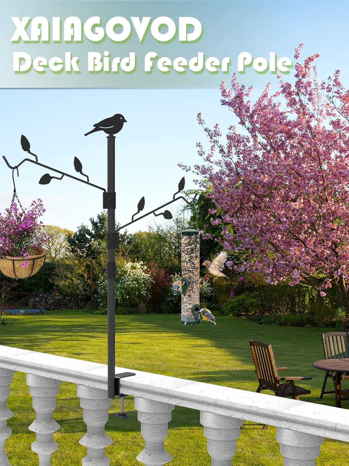 Deck Bird Feeder Pole with 2 Adjustable Branches for Porch Railing Balcony A537553