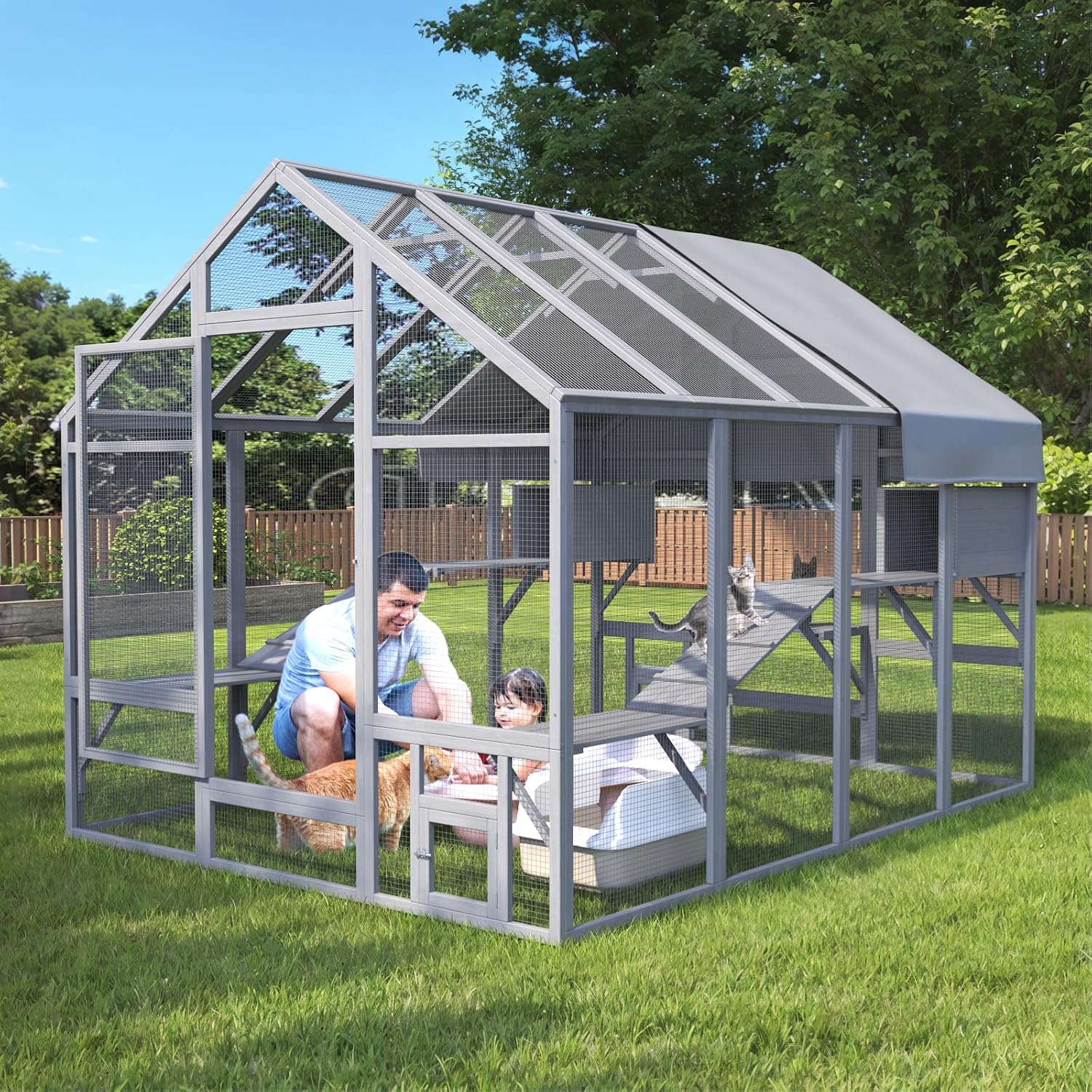 Large Cat Catio Outdoor Enclosure with 7 Platforms, 2 Resting Boxes and 2 Bridges I159325