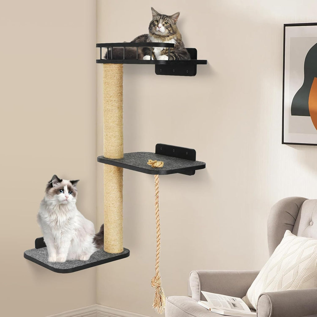 Wall-Mounted Cat Shelves 3-Tier Cat Tower with Scratching Post T619