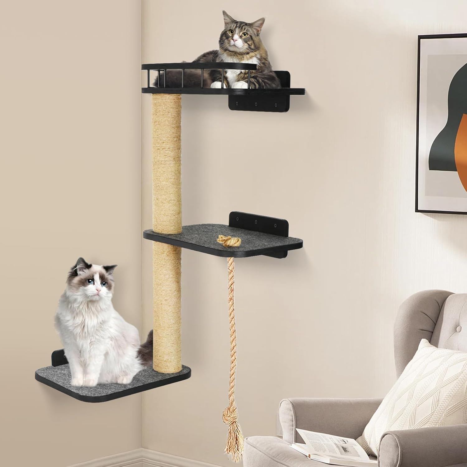 Wall-Mounted Cat Shelves 3-Tier Cat Tower with Scratching Post T619