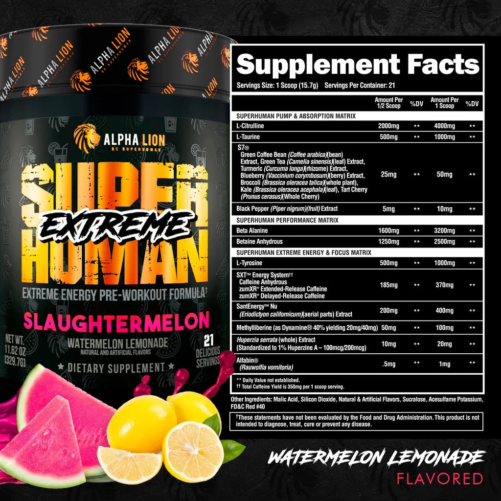 ALPHA LION Superhuman Extreme Pre-Workout, Slaughtermelon, 21 Servings K7100