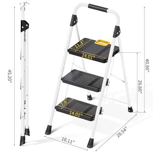 KINGRACK 3 Step Folding Ladder, 800lbs Capacity, Non-Skid Wide Pedals, White W71585